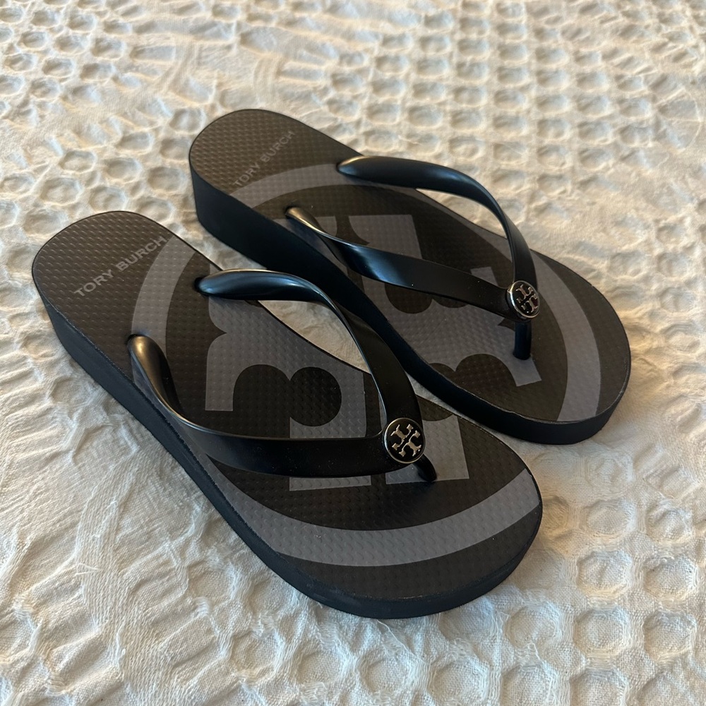 Tory Burch Black Wedge Flip Flops